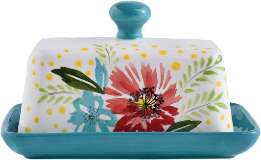 Wisenvoy Butter Dish Ceramic Butter Dish with Lid Butter Keeper Butter Dish with Lid for Countertop Flower Butter Crock