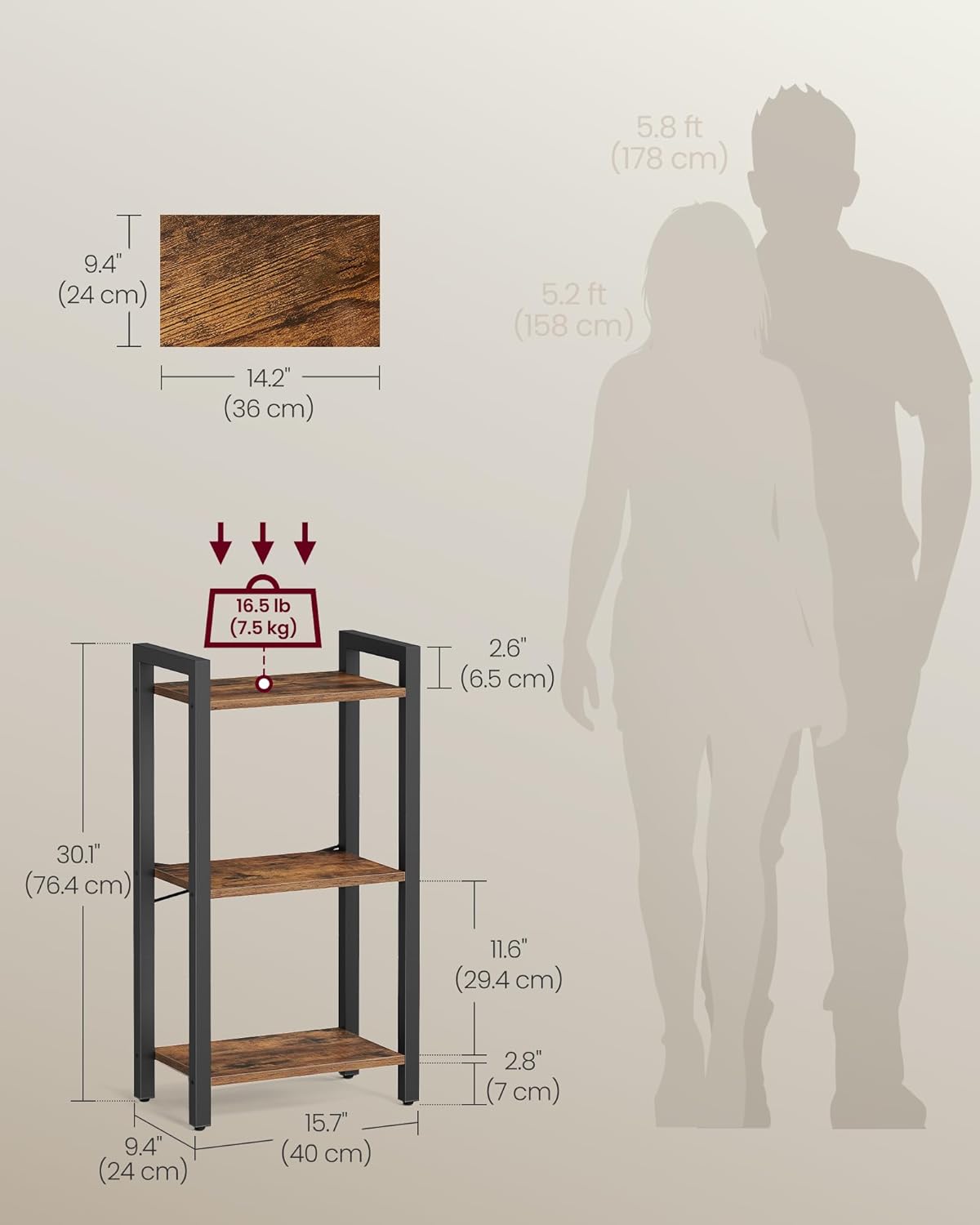 VASAGLE 3-Tier Bookshelf, Bookcase with Steel Frame, Book Shelf for Living Room, Home Office, Study, 9.4 x 15.7 x 30.1 Inches, Industrial Style, Rustic Brown and Ink Black ULLS098K02