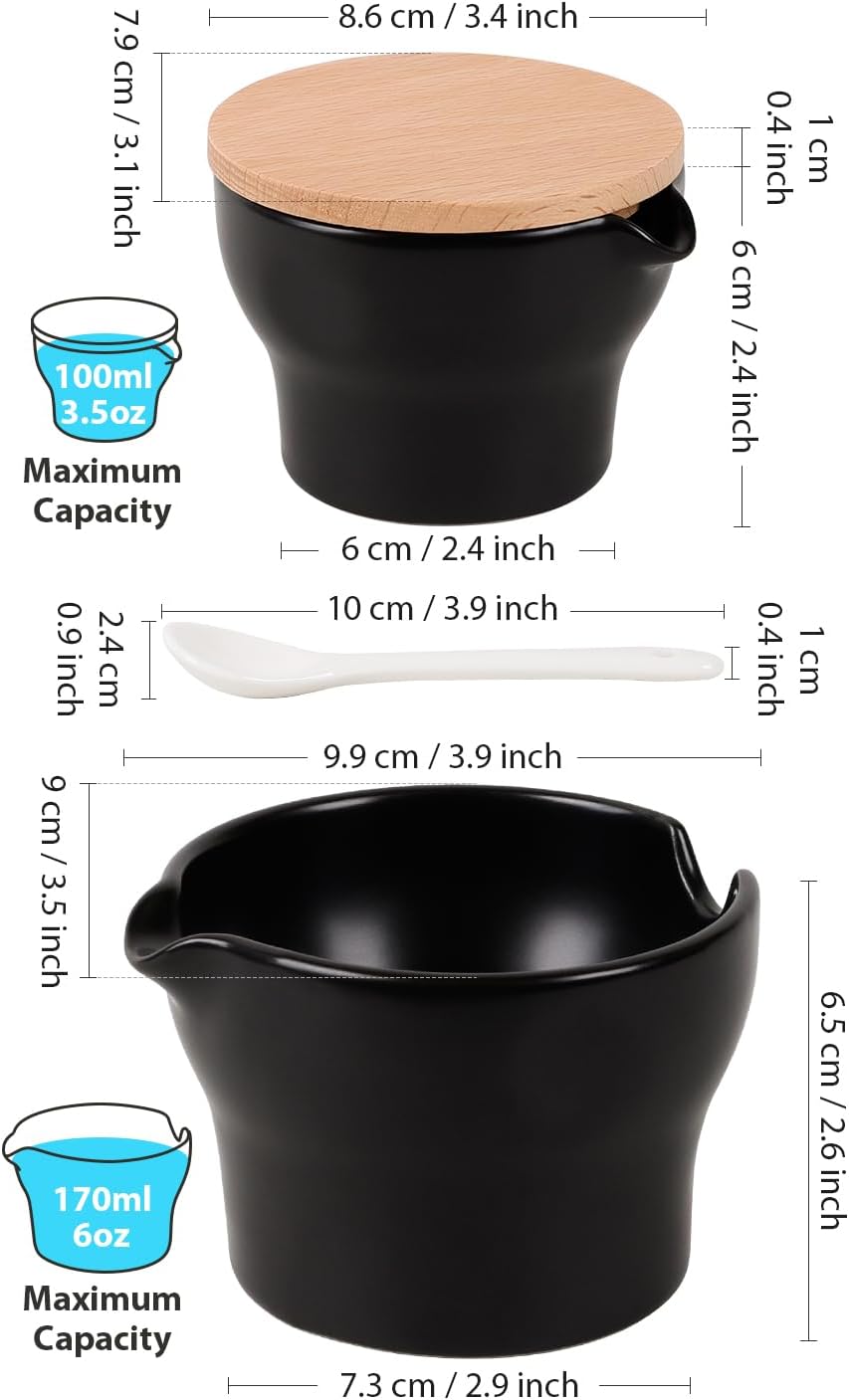 INGOFIN Ceramic Sugar and Creamer Set with Lid and Spoon, 3-Piece Porcelain Creamer Pitcher Milk Jug and Sugar Bowl for Coffee Bar, Tea Time, Kitchen Serving,3.5oz & 6oz, Dishwasher Safe, Modern Black