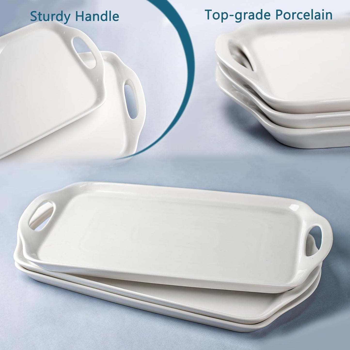 Serving Tray with Handles, 16"x 9.5" Large Serving Platter, White Porcelain Platters for Serving Food, Serving Platters and Trays for Parties, Entertaining, Dessert, Fruit, Turkey, 3-Pack, Rectangle