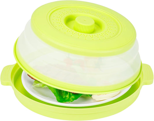 10.7 Inch Microwave Food Cover with Heat Insulation Mat, Anti-Scald Collapsible Microwave Splatter Cover, Multi-Functional as Colander & Fruit Plate, Dishwasher Safe, Ideal for Meal Prep (Green)