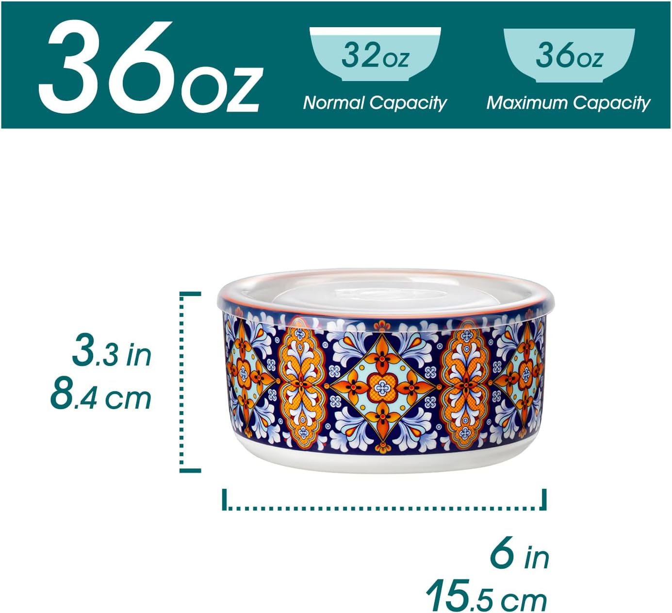 vancasso 36 oz Ceramic Bowls with Lids Set of 4, 6 Inch Food Storage Containers & Prep Bowls for Leftovers, Soup, Cereal, Meal Prep, Office Lunch, Microwave & Dishwasher Safe, Series SIMI