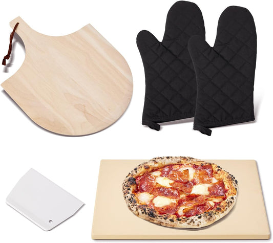 Pizza Stone Set, 15"x12" Rectangular Pizza Stone for Oven Grill BBQ with Wooden Pizza Peel & Oven Mitts, Cordierite Baking Stone for Bread, Unique Built-in 4 Handles Cooking Stone