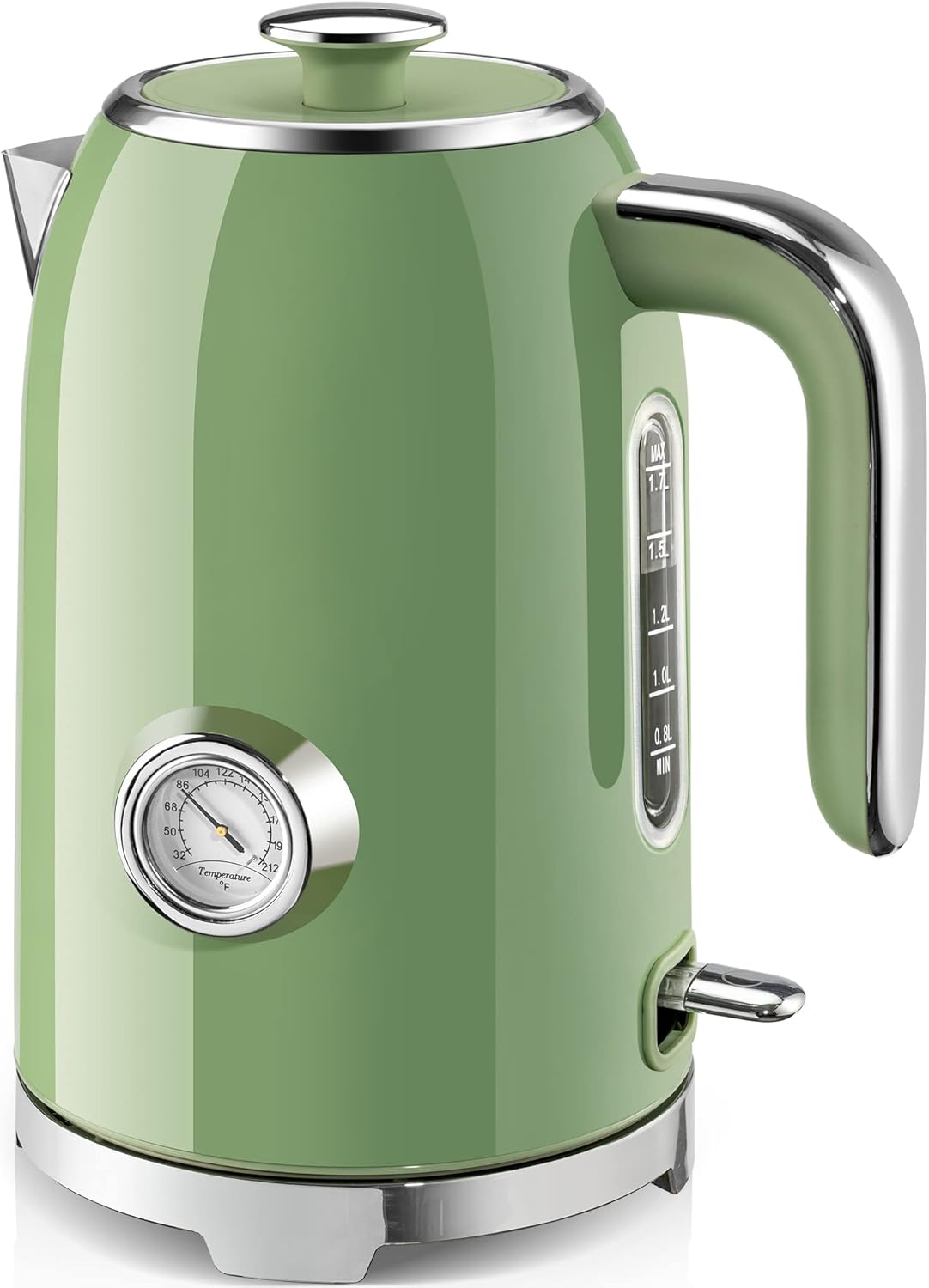 SUSTEAS Electric Kettle - 57oz Hot Tea Water Boiler with Thermometer, 1500W Fast Heating Stainless Steel Pot, Cordless LED Indicator, Auto Shut-Off & Boil Dry Protection, Retro Green