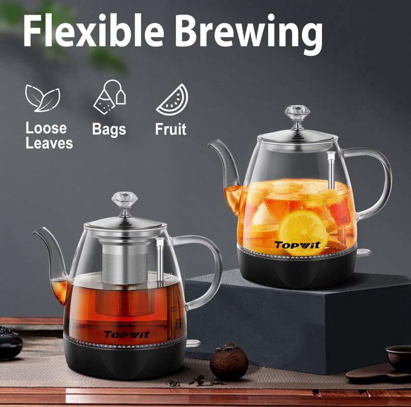 Topwit Electric Kettle Glass, For Hot Water, Tea and Coffee Dual Purpose Design, BPA-Free, 1L Pour Over Removable Stainless Steel Infuser, Auto-shut Off & Boil-dry Protect