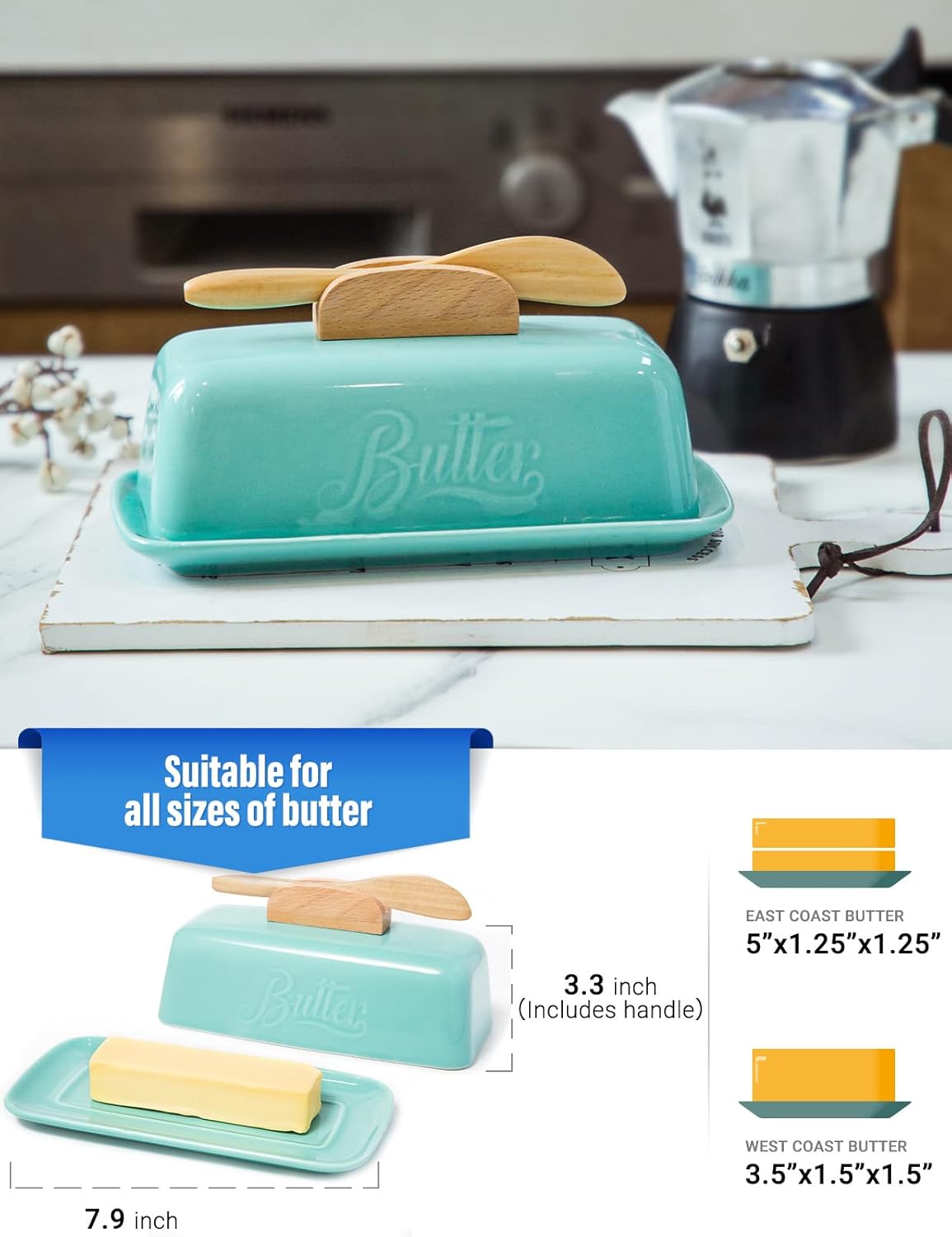 Butter Dish with Lid and Knife Ceramic Butter Holder for Counter Humanized Clamp-able Knife Handle Design, Perfect for East West Coast Butter, Skyblue