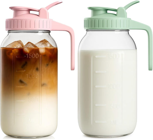 | 2 Pack | 64oz Glass Pitcher with Lid and Spout, 2 Quart (1.9 Liter) Mason Jar Pitcher Wide Mouth, Airtight Water Jug for Juice, Sun Tea, Iced Coffee, Milk Storage, Pink & Green