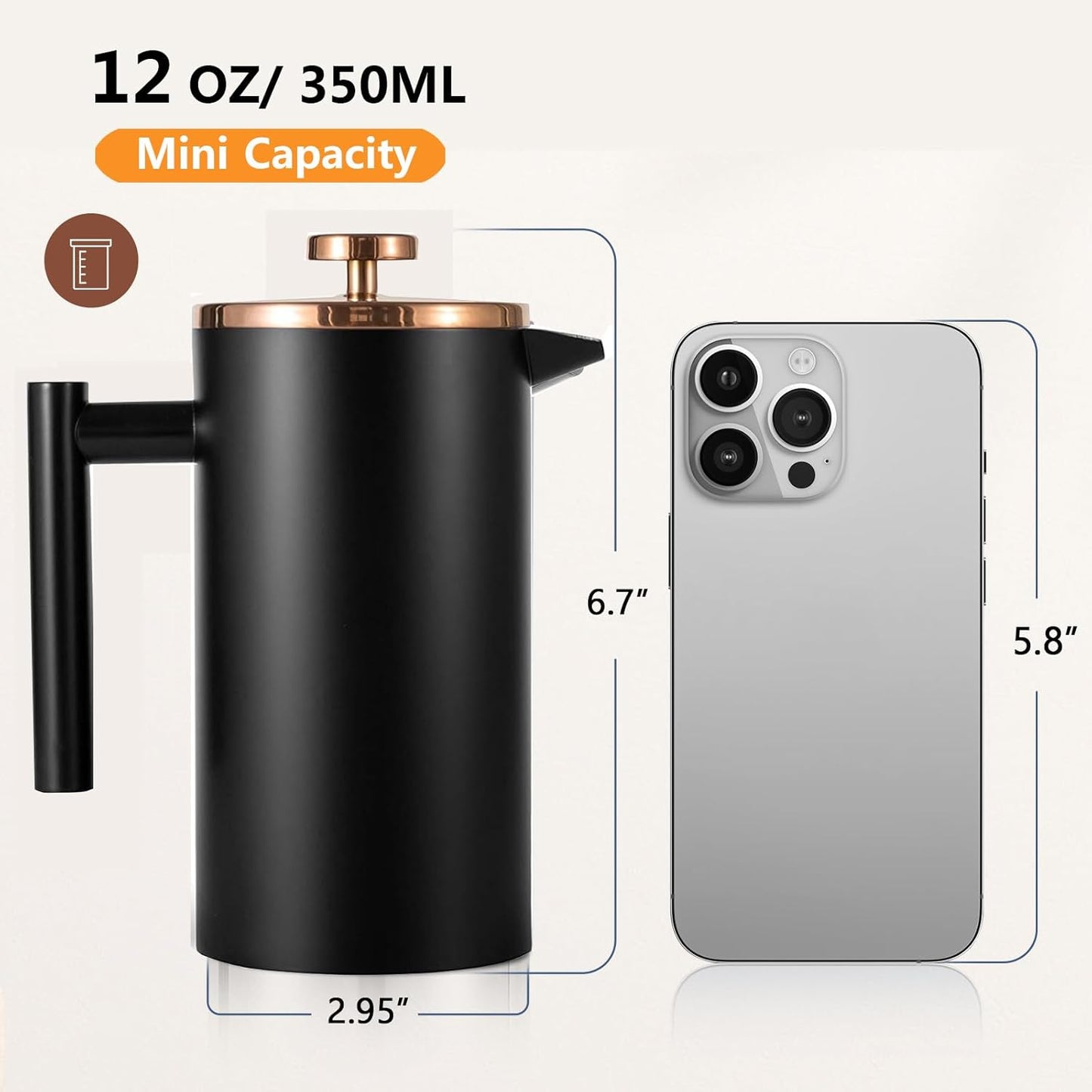 Small French Press 350ml Black, Double-Wall Insulated French Press Coffee Press Stainless Steel for travel camping, Single Cup Pour Over Coffee Maker Black(1 cup, 12 OZ)