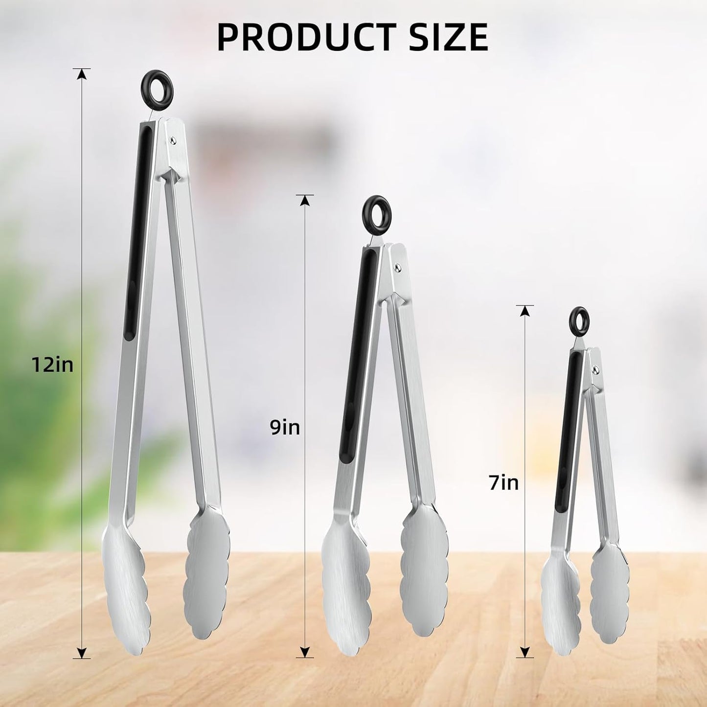 NileHome Tongs for Cooking, Professional Stainless Steel Cooking Tongs – Heat-Resistant for Grilling, BBQ, Serving Salad, Pasta, and Kitchen Use, Dishwasher Safe, Set of 7" 9" 12", Silver