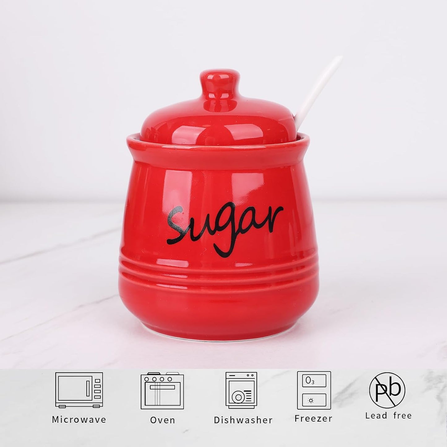 HAOTOP 12oz Sugar Bowl with Lid and Spoon,Ceramic Sugar Jar Sugar Dispenser Sugar Container Coffee Bar Accessories, Kitchen Countertop Canisters, Red