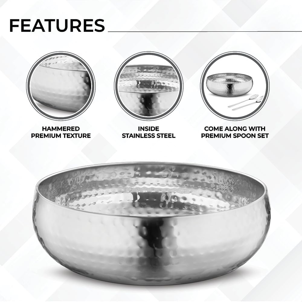 Avador® Set of 3 Premium Stainless Steel Salad Mixing Bowl Hammered Finish | Handmade | Includes Salad Serving Utensils (Stainless Steel)
