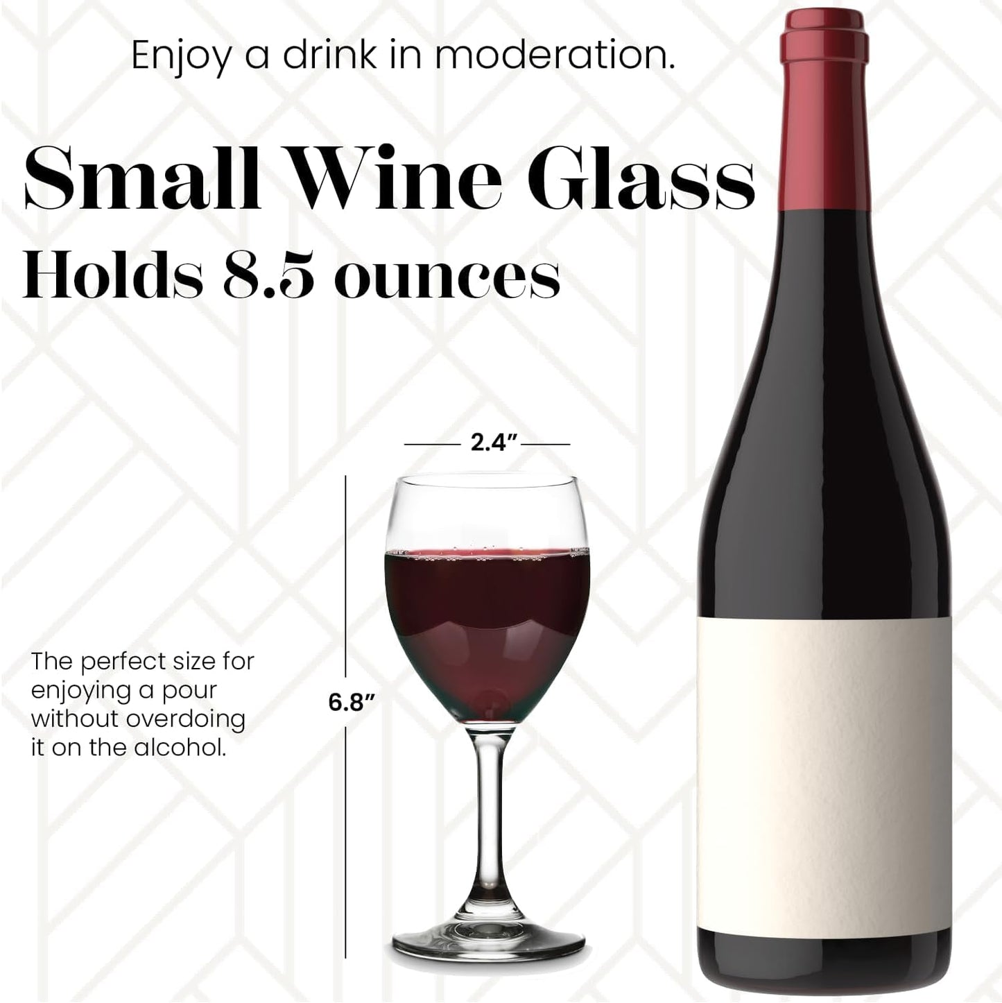 Vikko 8.5 Ounce Small Wine Glasses, Set of 6, Clear Glass, Durable Stem, Dishwasher Safe