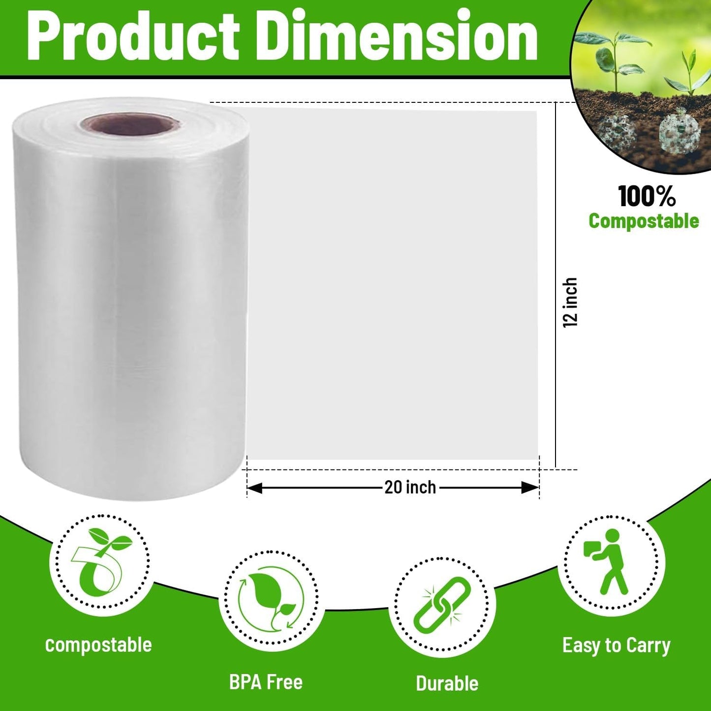 [4 Rolls] 12" X 20" Plastic Produce Bags on a Roll, Bread and Grocery Clear Bag, 350 Bags Per Roll