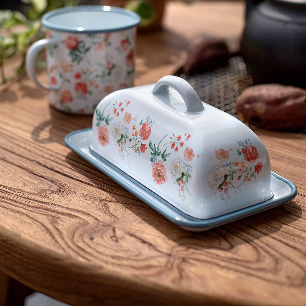 Enamel Butter Dish with Lid Vintage Enamelware Butter Holder with Flower Design Farmhouse Butter Container Butter Storage with Tray for Countertop Kitchen Decor