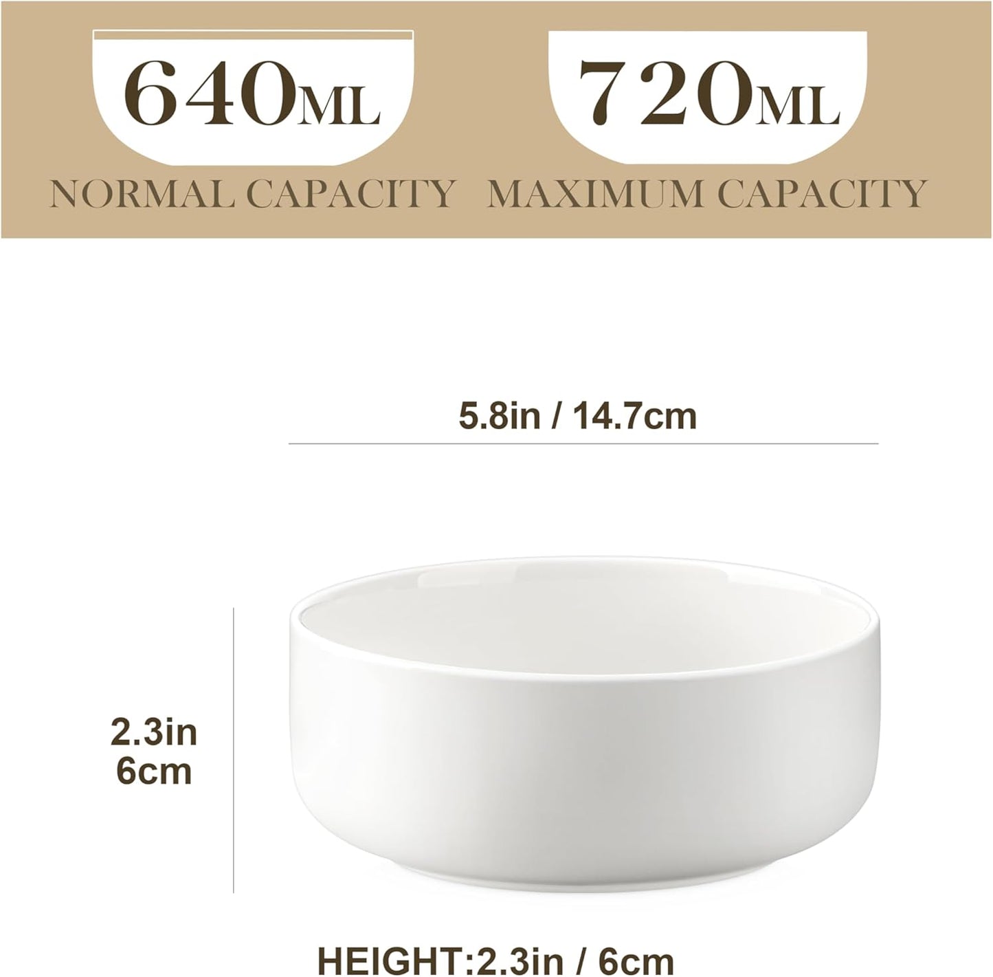 MALACASA 24 OZ Cereal Bowls, 5.8 Inch Soup Bowls Ceramic Bowl Sets of 4, Breakfast Bowls Set for Kitchen, Dishwasher Microwave Oven Safe, White, Series LUNA