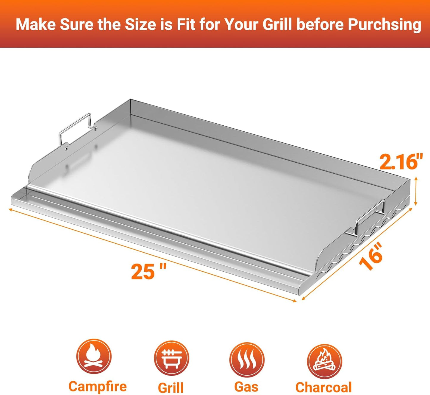 Skyflame 25"x16" Stainless Steel Griddle Plate for BBQ, Hibachi, Flat Top Grill with Even Heating, Grease Groove, Foldable Handles, Ideal for Charcoal/Gas Grills, Camping, Tailgating, Outdoor Cooking