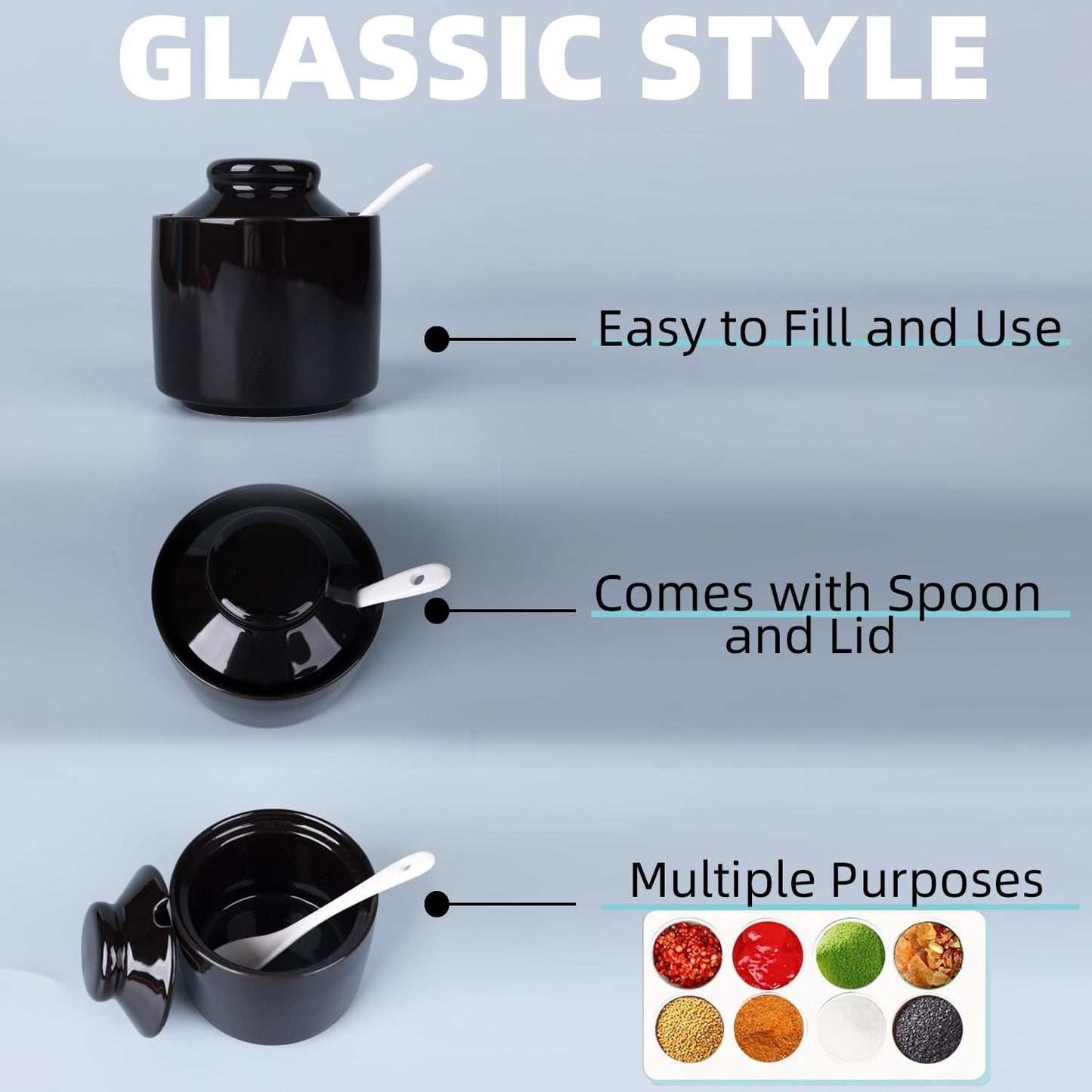 HAOTOP 8 oz Sugar Bowl with Lid and Spoon,Ceramic Sugar Jar Sugar Dispenser Sugar Container Coffee Bar Accessories, Kitchen Countertop Canisters (Black)