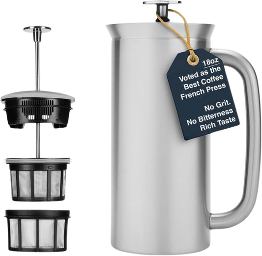 ESPRO P7 French Press Coffee Maker - Double-Walled Stainless Steel Insulated with Micro-Filter, 18 Oz, Brushed Stainless Steel