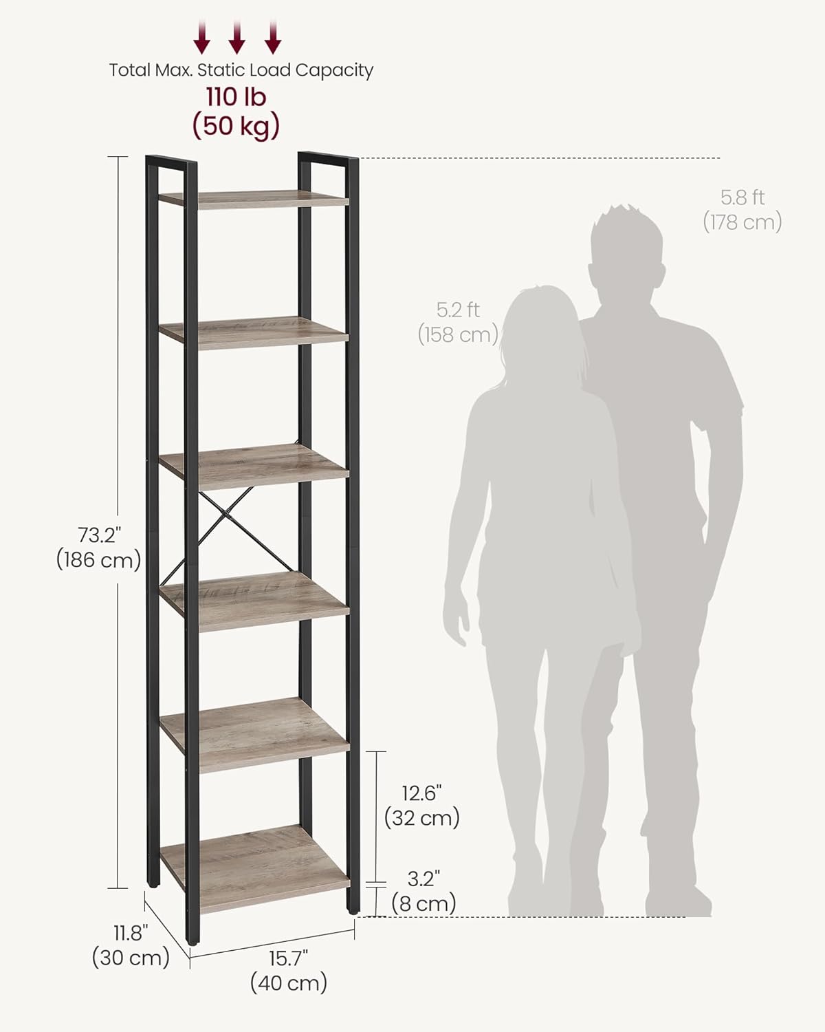 VASAGLE 6-Tier Bookshelf, Bookcase with Steel Frame, Book Shelf for Living Room, Home Office, Study, 11.8 x 15.7 x 73.2 Inches, Industrial Style, Heather Greige and Ink Black ULLS101B02