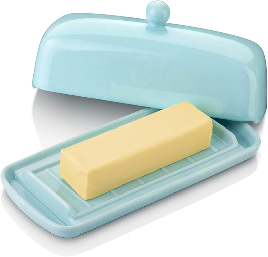 Nucookery Ceramic Butter Dish with Lid | Raised Legs and Non-Slip Strip Design | Porcelain Health | Dishwasher Safe, Lake Blue