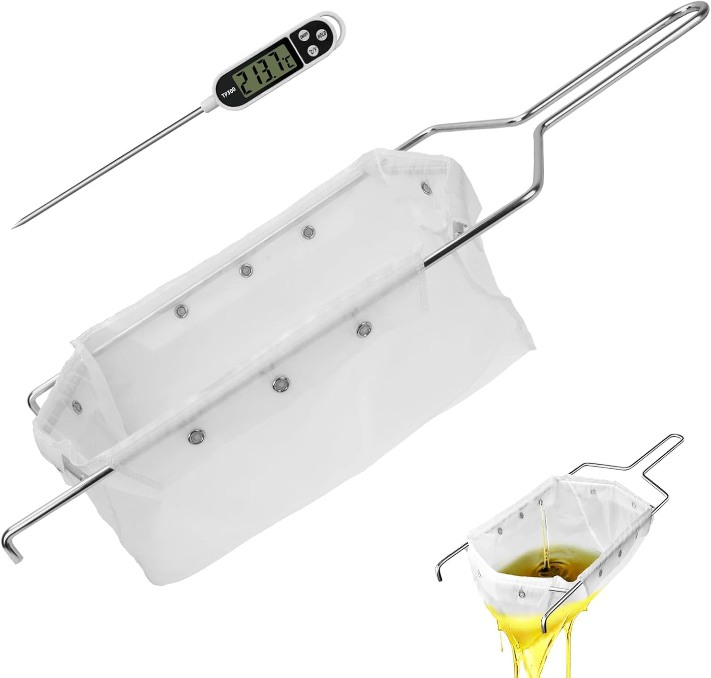 Fryer Filter Bag & Frame Set, Reusable Oil Strainer for 70 lb Cooking Oil, Fine Mesh to Capture Crumbs, Durable for Home & Commercial Use, with 1 Professional Food Thermometer