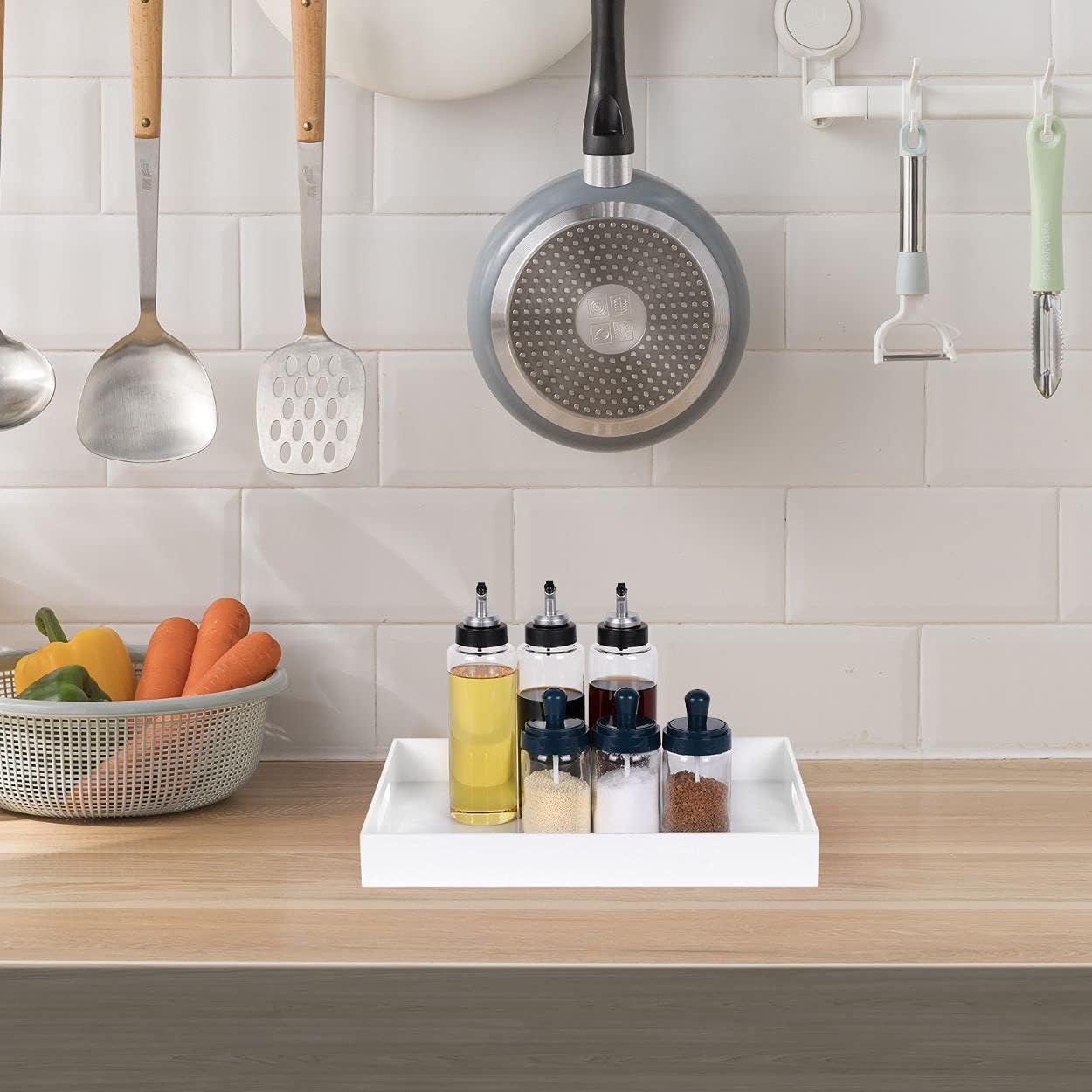 Modern Acrylic Ottoman Tray with Cutout Handles. Acrylic Serving, Organizer Decorative Tray. for Living Room, Bedroom,Bathroom and Kitchen Tabletop (White, 11x14 Inch)