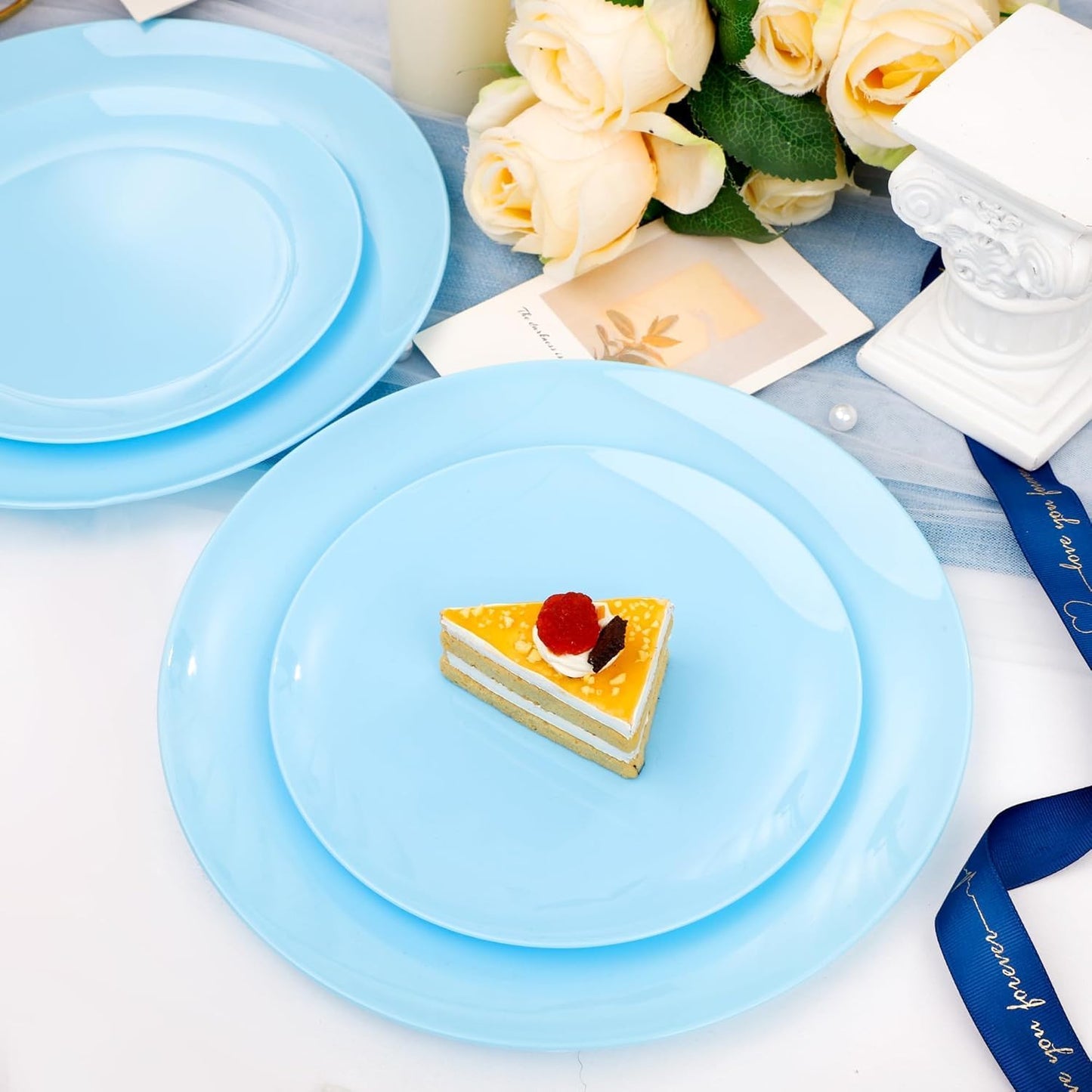 KIRE 60PCS Blue Plastic Plates Disposable - Heavy Duty Light Blue Plates Include 30Pcs 10.25” Dinner Plates and 30Pcs 7.5” for Dessert/Salad in Baby Shower/Picnic
