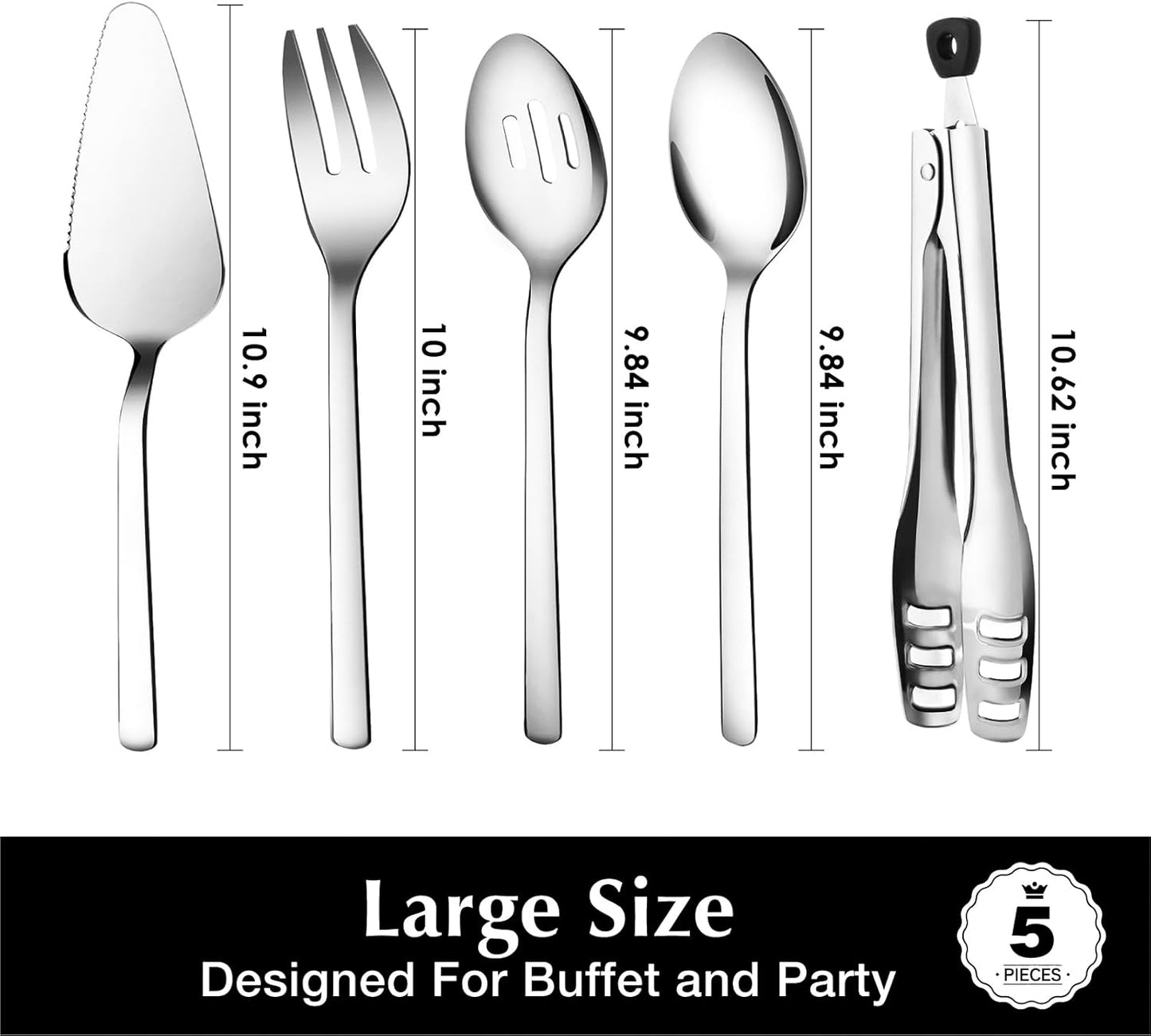 KINGSTONE Large Hostess Serving Utensils Set,18/10 Stainless Steel Heavy Duty 10inch Serving Spoons,Slotted Spoons,Serving Fork,Serving Tongs, Cake Pie Server For Buffet, Wedding, Party