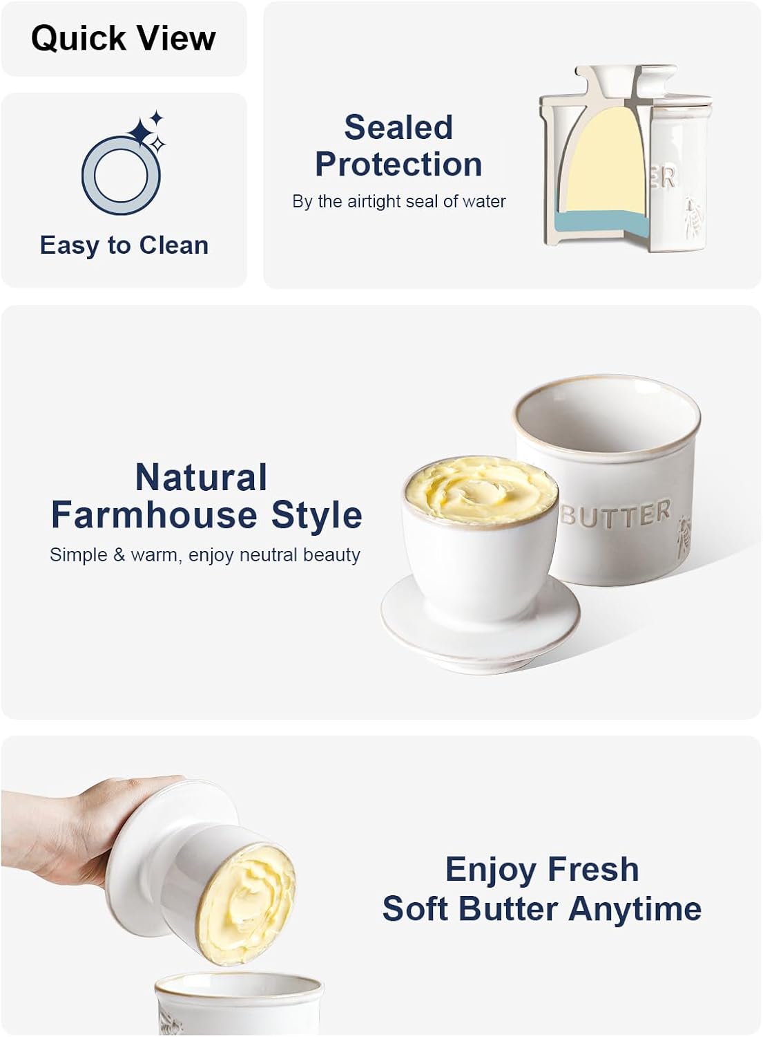 LE TAUCI Butter Crock, Butter Dish with Lid, Butter Container for Counter with Water Line, Embossed French Butter Keeper for Spreadable Butter, Suit For Housewarming - Set of 1, Arctic White, Bee