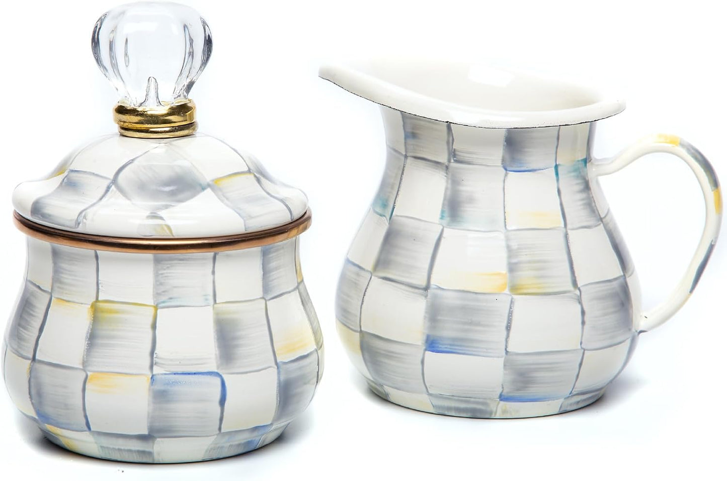 MACKENZIE-CHILDS Enamel Creamer and Sugar-Bowl Set, Cream Dispenser and Sugar Holder, Unique Kitchen Decor, Gray-and-White Sterling Check