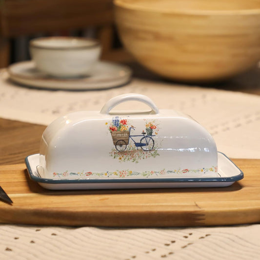 Enamel Butter Dish with Lid Vintage Enamelware Butter Keeper with Flower and Bird Patterns Farmhouse Butter Container Butter holder for Countertop Kitchen Decor Blue