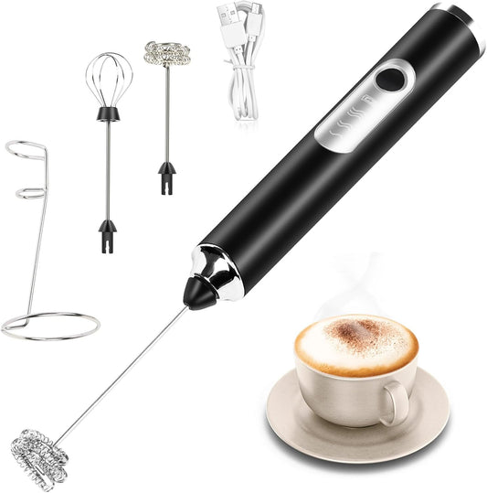 Milk Frother Handheld Rechargeable with Stand, Frother Wand Foam Maker 3 Speed Adjustable Drink Mixer with Detachable Stainless 2 Whisks Electric Coffee Frother Stirrer For Latte, Cappuccino, Egg