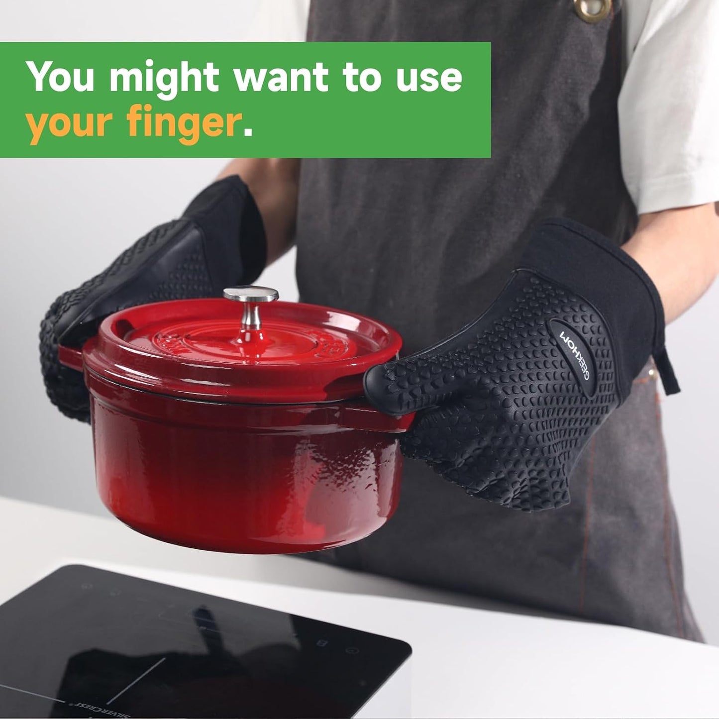 GEEKHOM BBQ Gloves, Grilling Gloves Heat Resistant Oven Gloves, Kitchen Silicone Oven Mitts, Long Waterproof Non-Slip Pot Holder for Barbecue, Cooking, Baking, Black