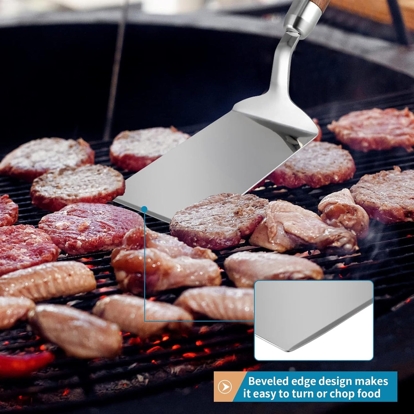 Stainless Steel Spatula with Wooden Handle, Nonstick Pancake Turner, Fried Egg Flipper for Cooking, Frying, Grilling, Baking, BBQ