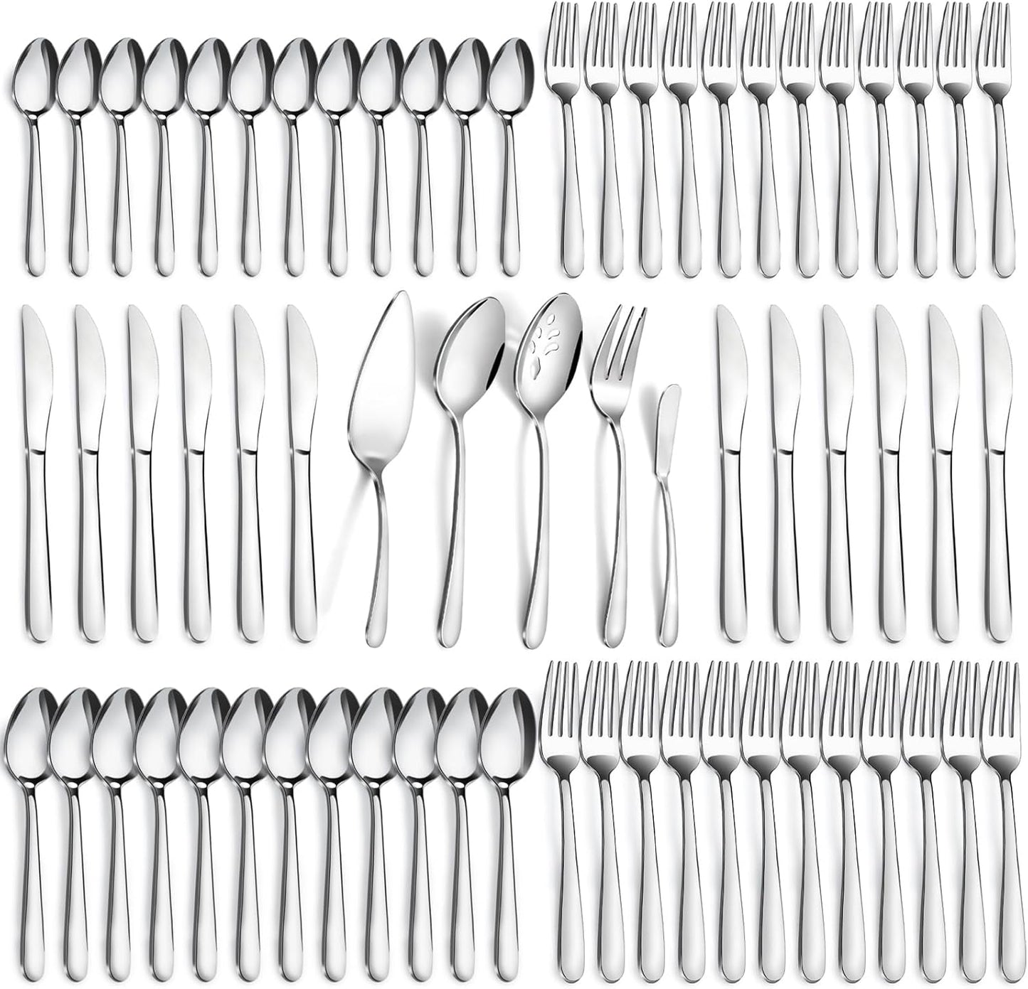 Pleafind 65-Pieces Silverware Set for 12 with 5 Serving Utensils,Stainless Steel Cutlery Set, Include Forks Spoons and Knives Set, Mirror Polished Utensil Sets for Home Restaurant,Dishwasher Safe