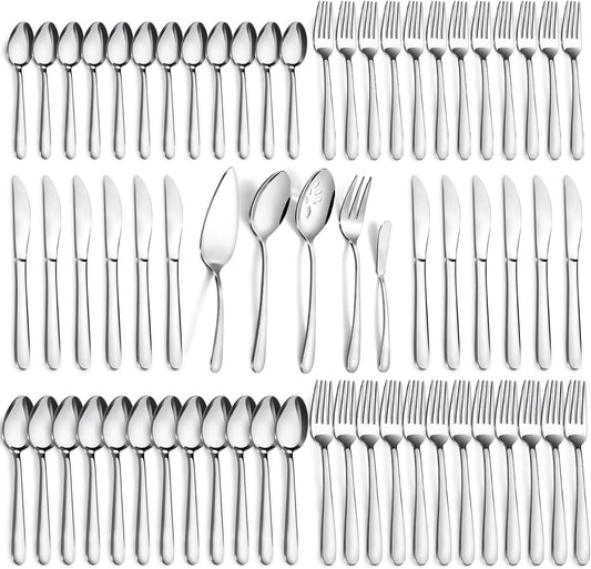 Pleafind 65-Pieces Silverware Set for 12 with 5 Serving Utensils,Stainless Steel Cutlery Set, Include Forks Spoons and Knives Set, Mirror Polished Utensil Sets for Home Restaurant,Dishwasher Safe