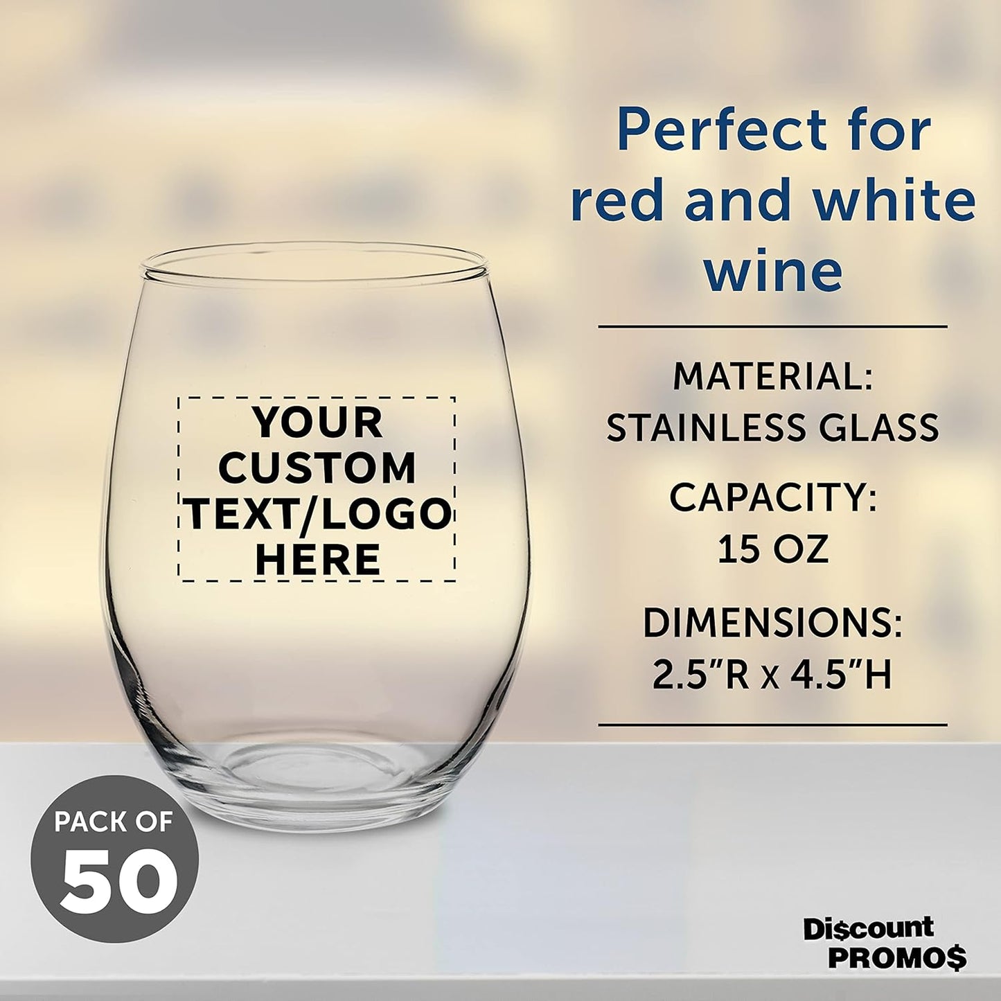 Custom Stemless Wine Glasses by ARC Perfection 15 oz. Set of 50, Personalized Bulk Pack - Restaurant Glassware, Perfect for Red Wine, White Wine, Cocktails - Clear