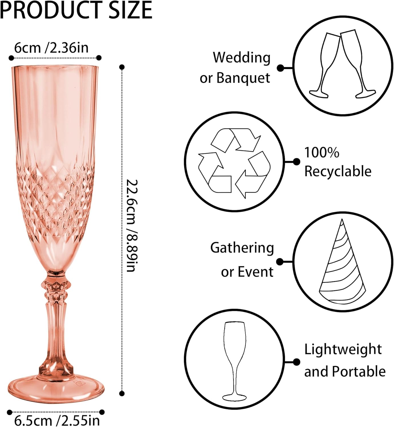 Plastic Champagne Flutes, 12PCS Rose Gold Plastic Wine Glasses Goblets Reusable Champagne Flute for Weddings, Bachelor Parties, Toasting, and Events(12,Rose Gold)