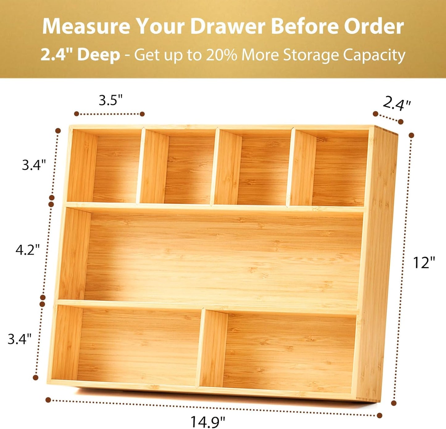 Umilife Large Bamboo Desk Drawer Organizer, Wood Junk Organizer Tray with Adjustable Dividers, Anti-Skip Storage Organization in Office Bathroom Drawer for Vanity, Makeup, 15" x 12"