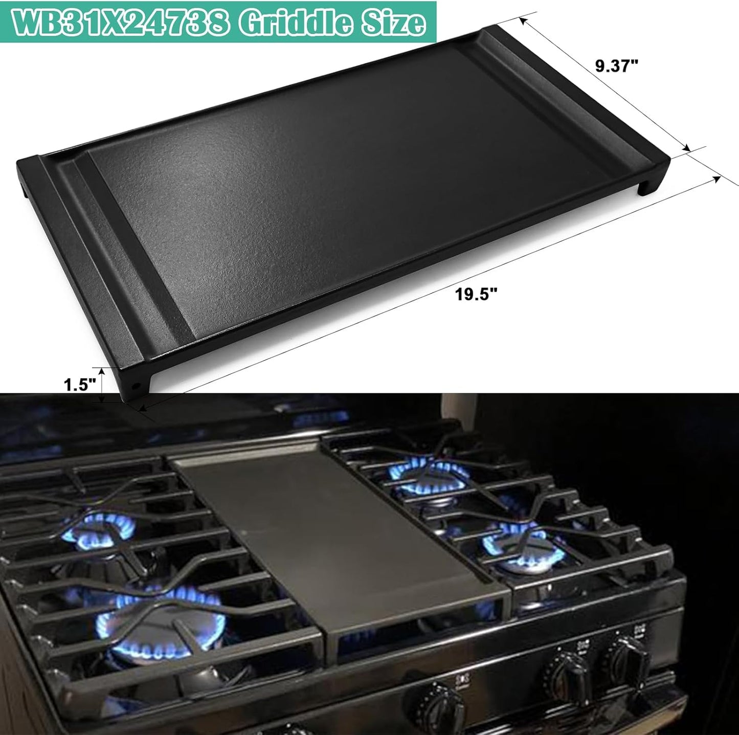 Hiorucet WB31X24738 Cast Iron Griddle Replacement for GE Appliance Gas Range, JGBS66REKSS, JGB700SEJ4SS, JGSS66SEL1SS, JGSS66SEL3SS, JGSS66SELSS, JGB700SEJ1SS Griddle Plate Cooktop for GE Center Part.