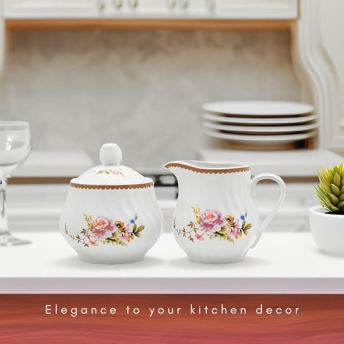 Sugar and Creamer Set - Porcelain Sugar and Creamer Floral Vintage Tea Set with Elegant Embossed Swirls - Exquisite Fine China Tea Set for Parties & Celebrations - Timeless Rose Set by Lynns