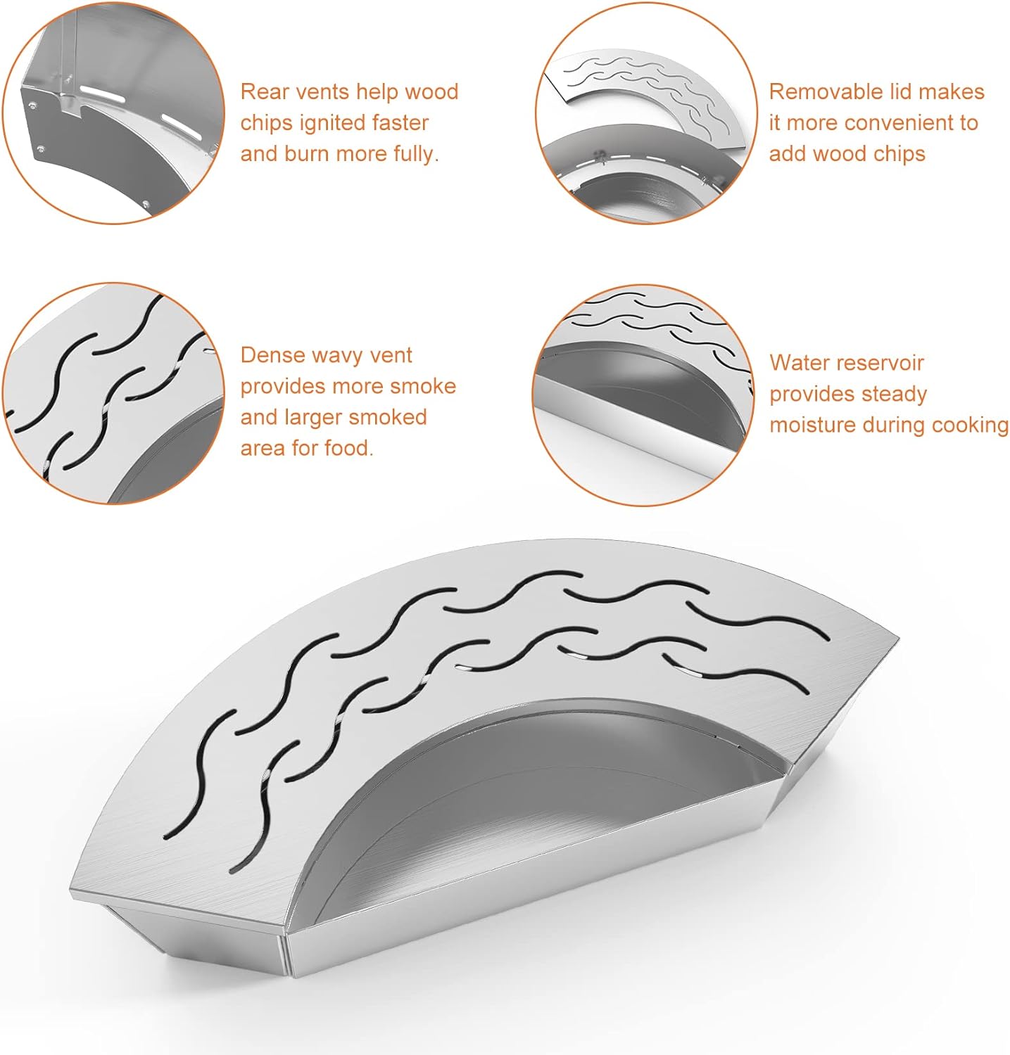 Onlyfire BBQ Smoker Box, Stainless Steel Fan-Shape Wood Chip Smoker Box with Removable Lid & Water Reservoir for Charcoal Grills, Kamado Grills - Add Smokey BBQ Flavor to Your Foods, Design Patent