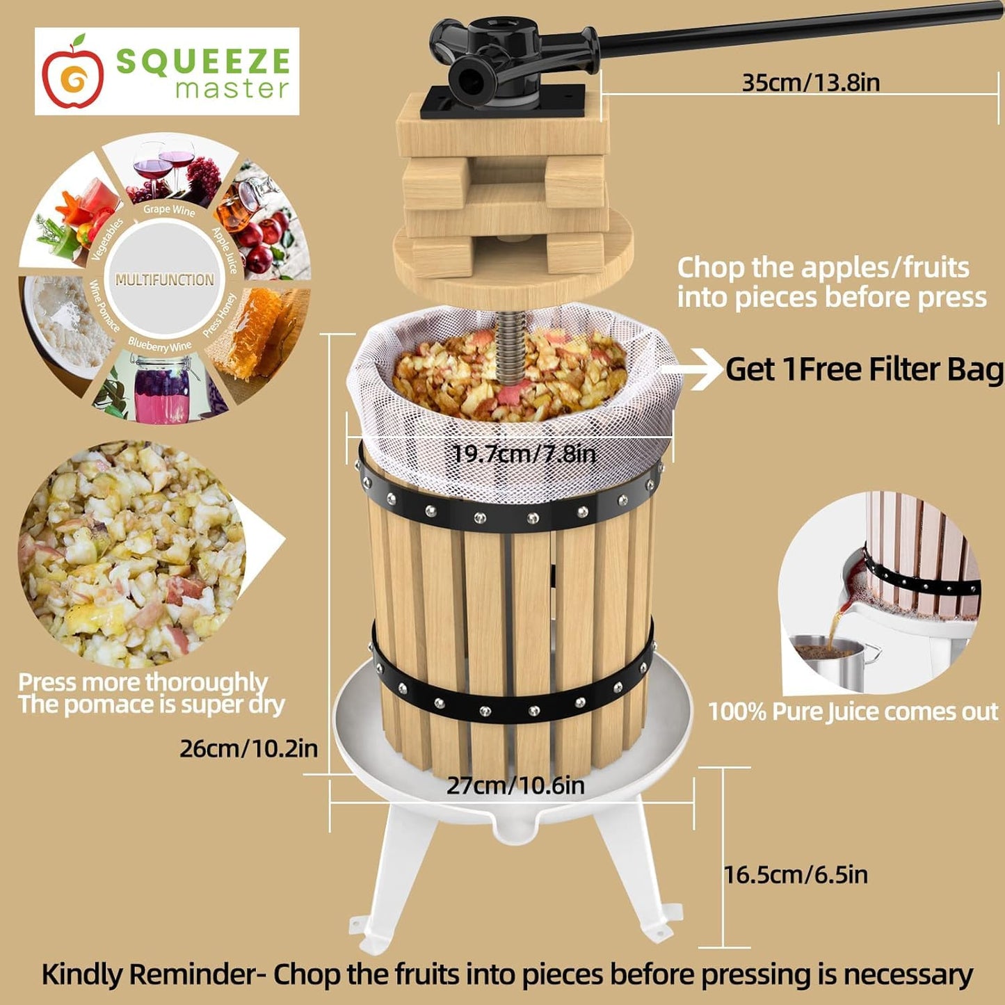 SQUEEZE master Fruit Press- 1.6 Gallon/6L-Solid Wood Basket Wine Press-Vintage traditional juicer-6 Press Wooden Blocks-Pole Handle Bar for Juice,Wine,Cider-1 free filter bag included
