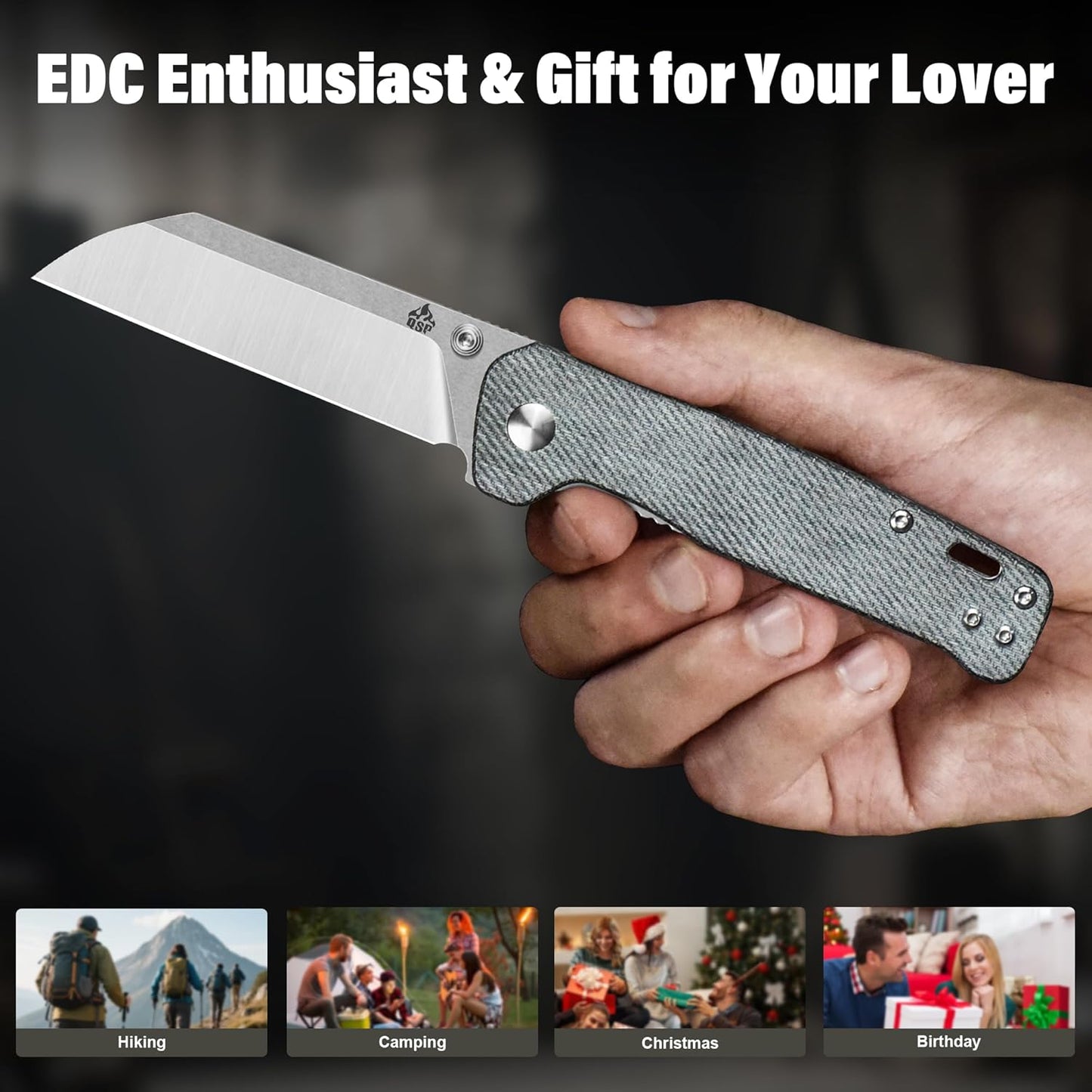 QSP Penguin V2 Folding Pocket Knife, 3.06" D2 Two Tone Finish Stonewash Satin Blade EDC Knife, Denim Micarta Handle, Liner Lock, Ceramic Ball Bearings, Reversible SS Deep Carry Clip