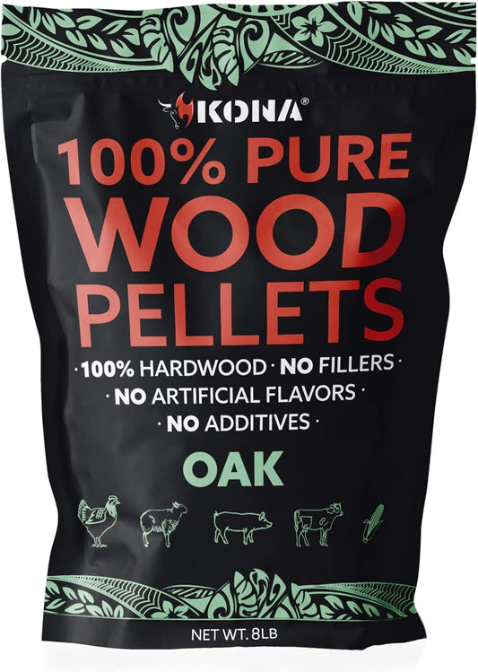 Kona 100% Oak Wood Pellets - Concentrated, Pure, Old Growth Hardwood Grilling Pellets - for BBQ, Smoker Tubes, Grills - 8 lbs 100% Oak Mild Smoke