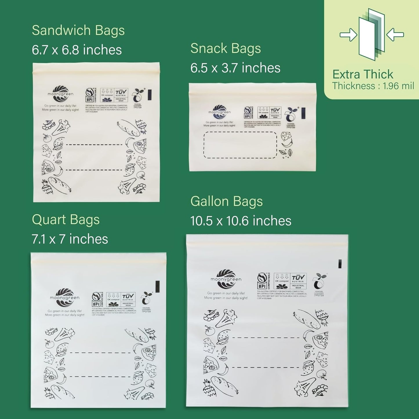 Compostable Food Storage Bags, Resealable, 50 Snack, 50 Sandwich, 30 Quart, 30 Gallon, Extra Thick, Certified US BPI ASTM D6400 Europe OK Compost
