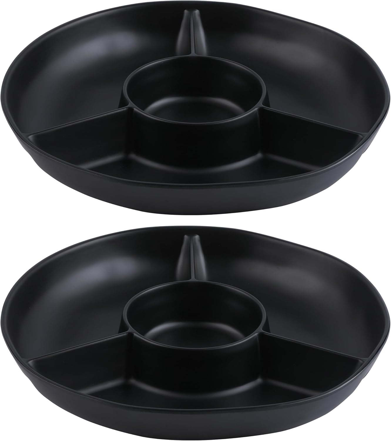 Chip & Dip Serving Tray Set, 4 Sectional Round Melamine Serving Platter, Relish Tray, Round Compartment Appetizer platter for Veggies, Candy and Snacks, Matte Black, Set of 2