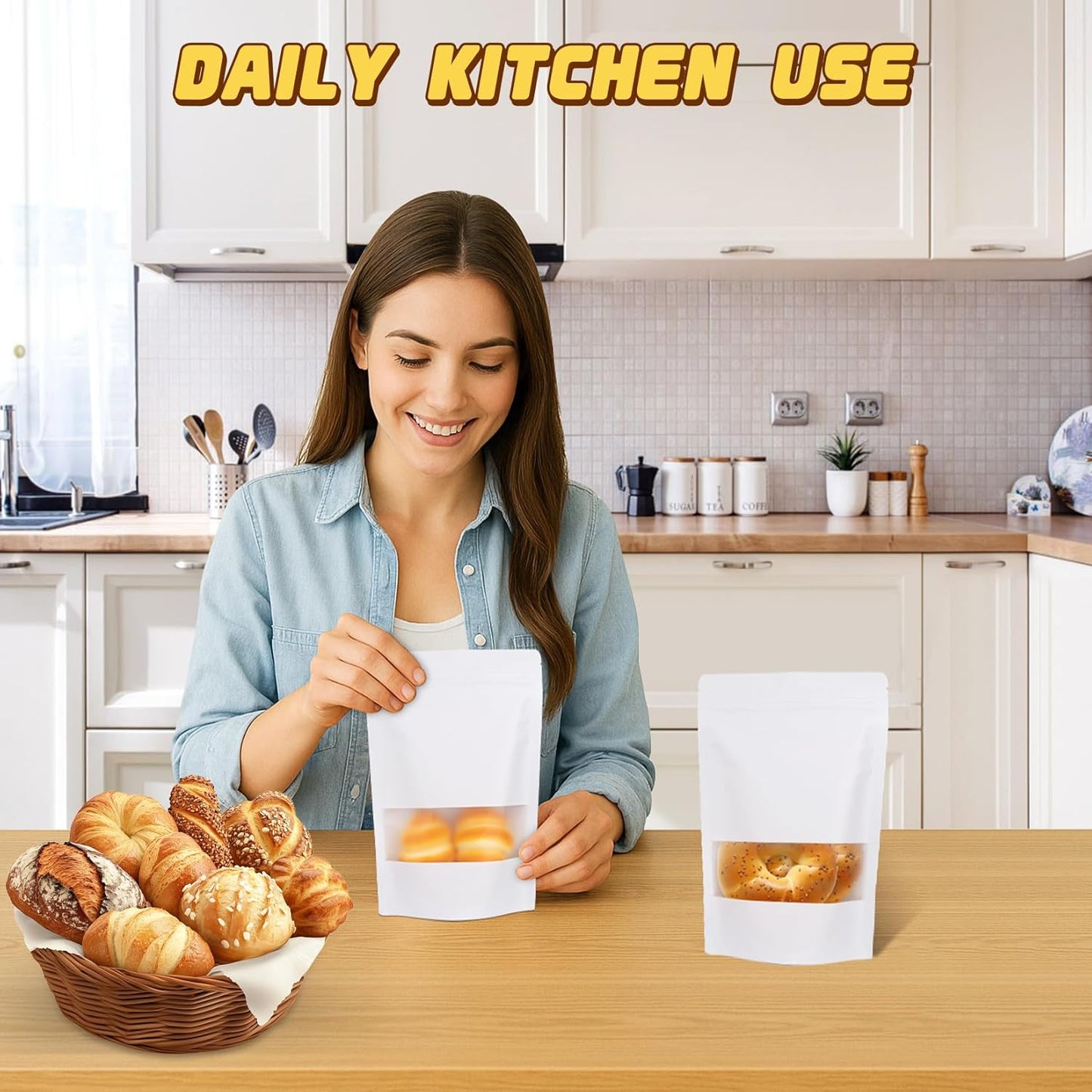 Jetmore-50pack-Smell-Proof-Bag, Reusable Zip Lock Bags with Window, Resealable Stand Up Packaging Bags, Brown Paper Pouches for Coffee, Tea, Herbs, Spice, Snack, Baked Goods, Goodie Bags