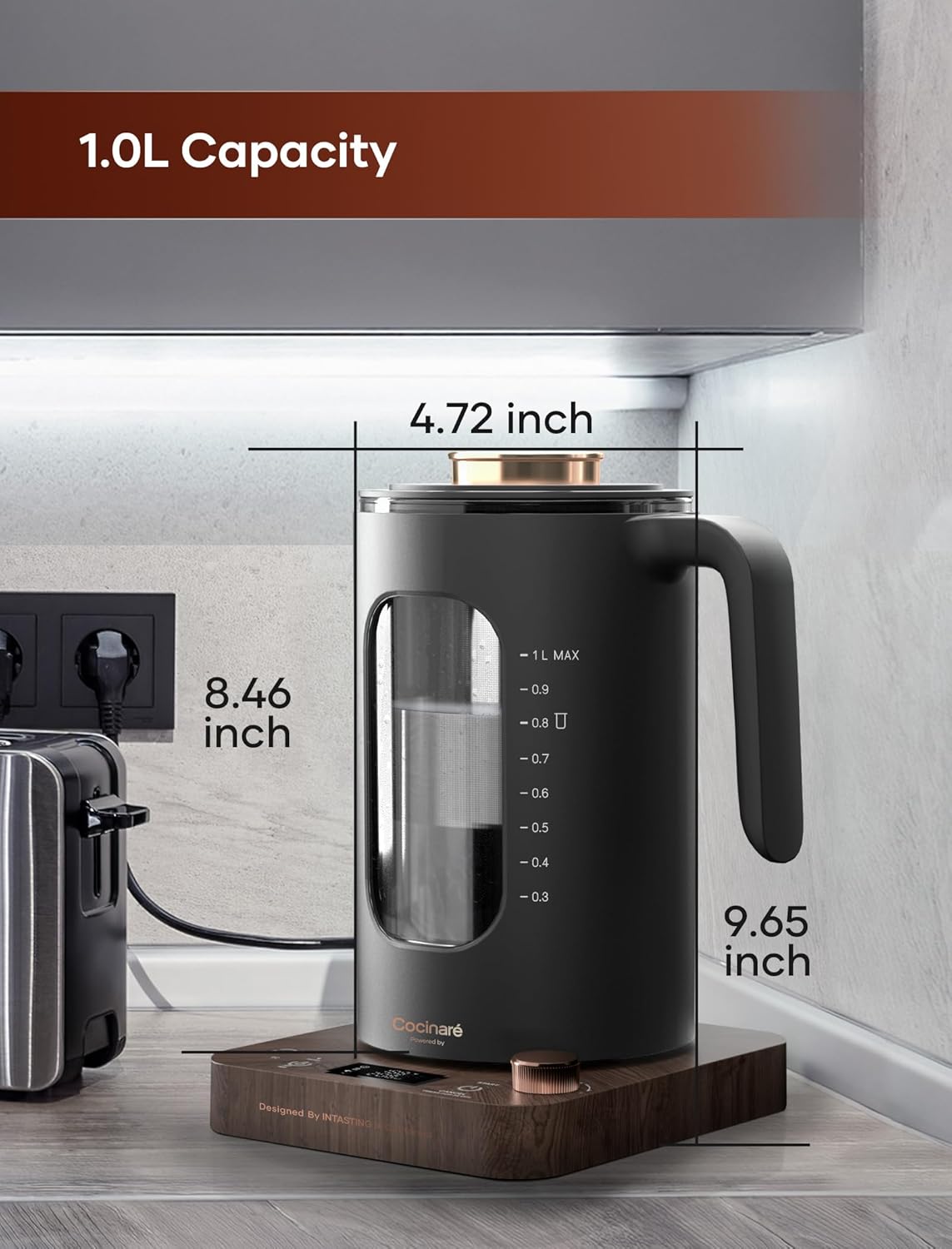 Electric Tea Kettle, INTASTING Glass Electric Kettle with tea Infuser and Precise knob temperature control, 1200W Fast Heating, BPA-Free, Easy to Clean, for Tea and coffee, 1 Liter (Wood)