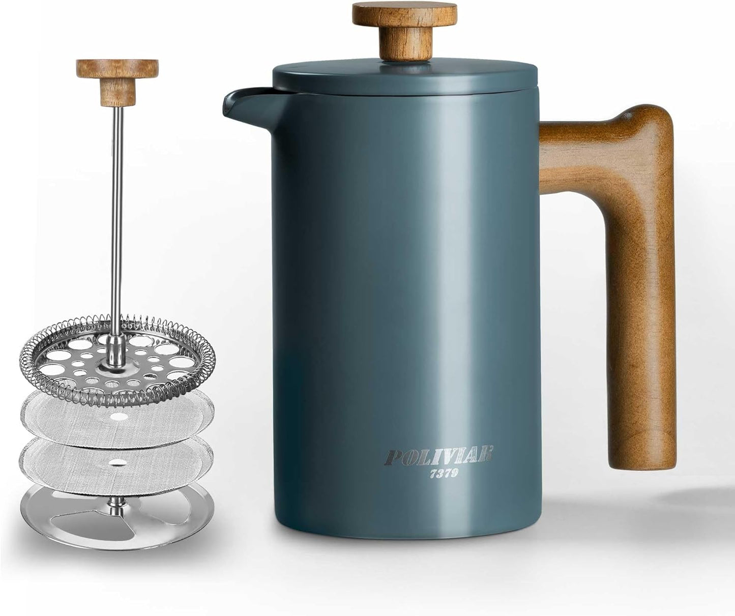 POLIVIAR French Press Coffee Maker, 21 oz Coffee Press with Real Wood Handle, Double Wall Insulation & Dual-Filter Screen, Food Grade Stainless Steel for Good Coffe and Tea, JX2024-SFPU